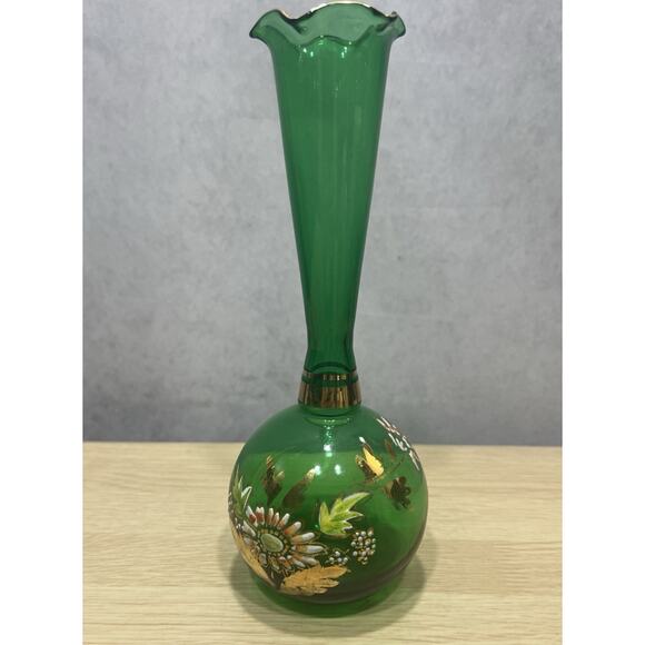 Bohemian Czech Glass Bud Vase Green Gold Trim Hand Painted Raised flowers 8" - Picture 1 of 8